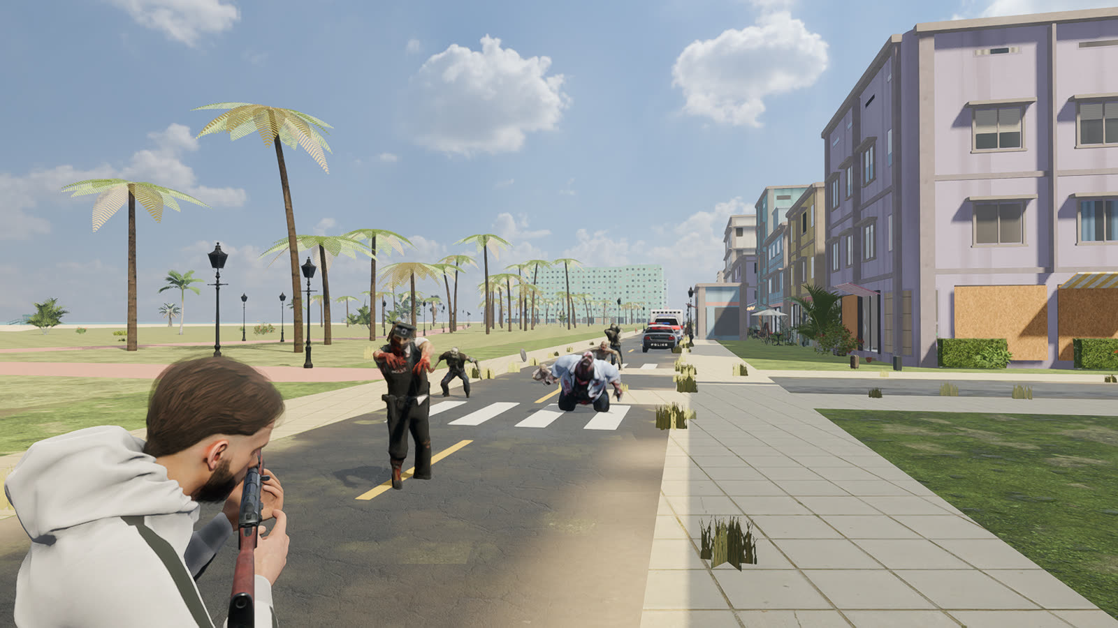Third-person view over the shoulder, aiming an AK-47 at the dead in the street