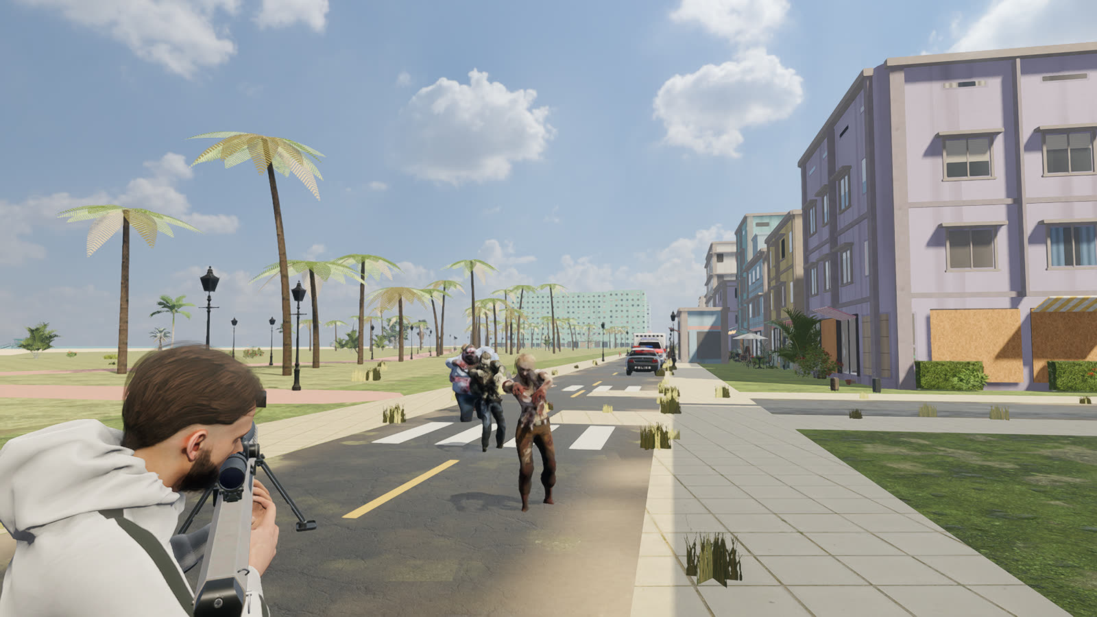 Third-person view: the player lines up a Barrett .50 on zombies walking down a South Beach street