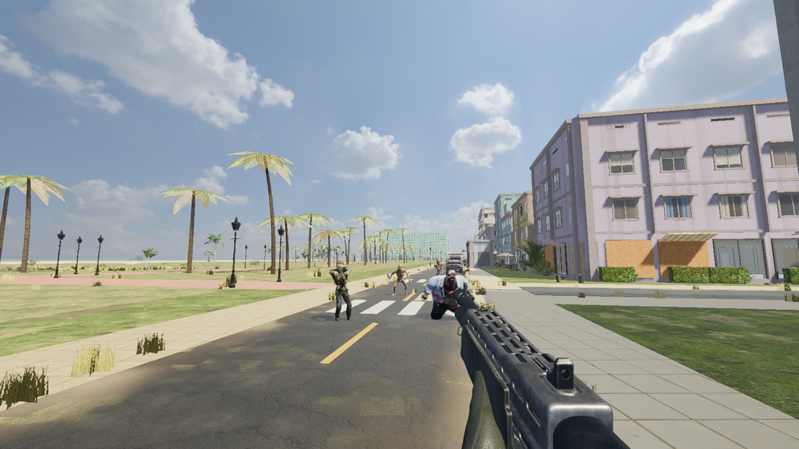 First-person view with a SPAS-12 shotgun, a fat zombie lurching closer